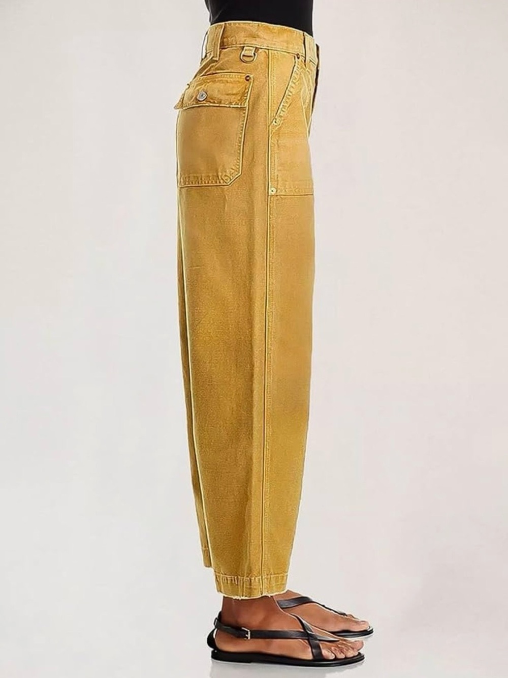 Flamingals Wide Leg Flap Pocket Mid Waist Cropped Pants Yellow - Picture 4 of 8
